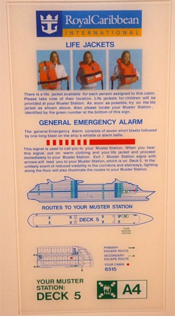 Emergency instructions for the lifeboat are still important for cruise ship wayfinding